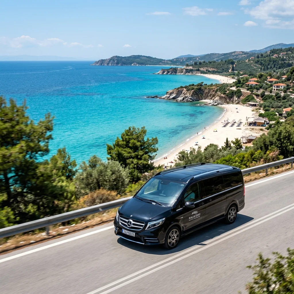 Malerische Küstenstraße auf der Halbinsel Chalkidiki mit vorbeifahrendem privaten schwarzen Transfer-Taxi