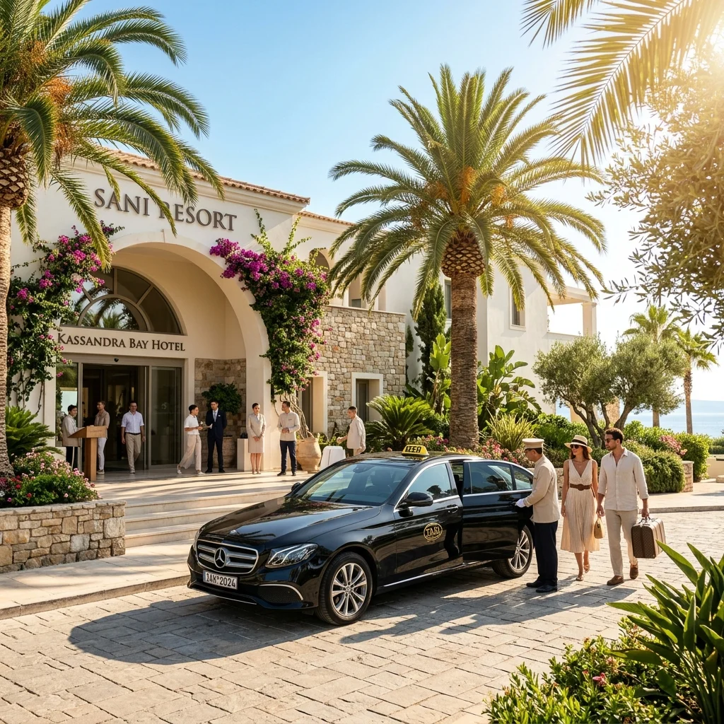 Luxuriöser Sani Resort Strandeingang mit geparktem schwarzen Mercedes E-Klasse Taxi auf Kassandra