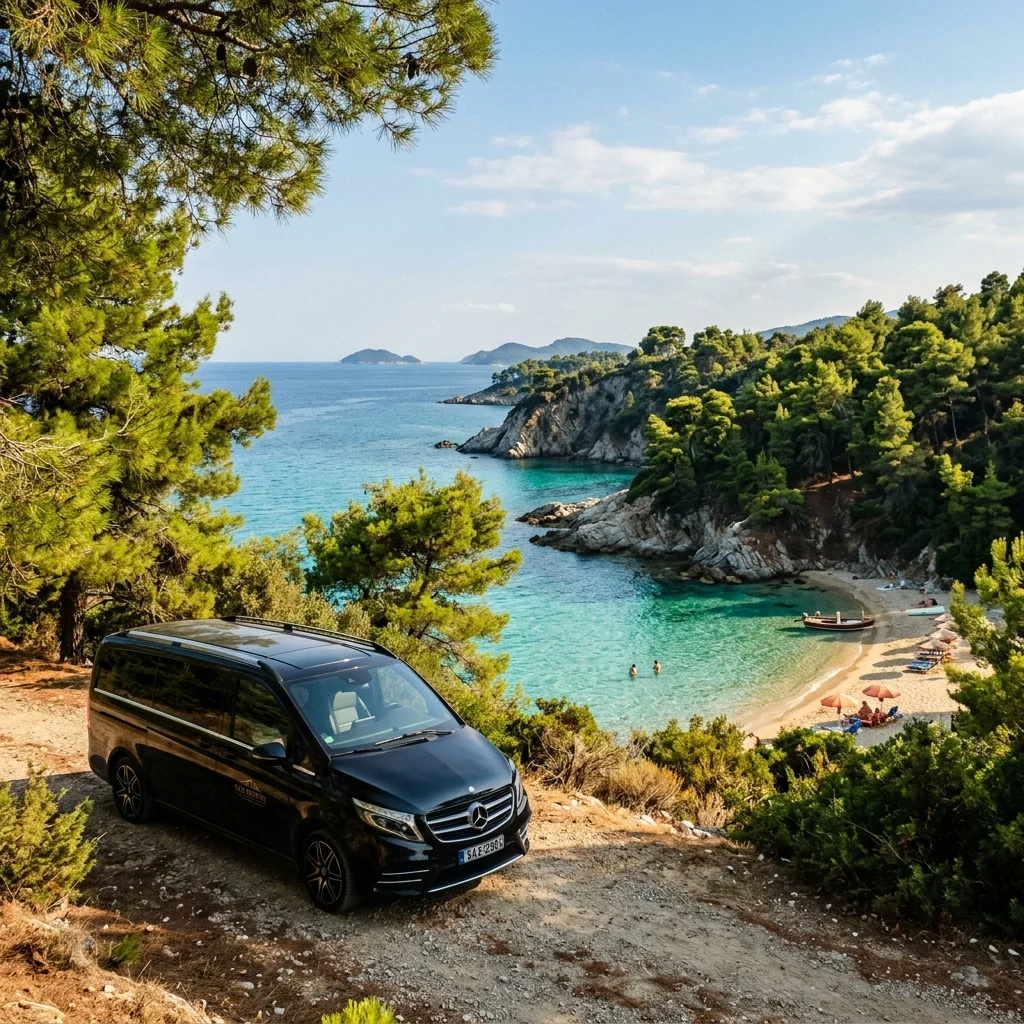 Schwarzer privater Transfer-Minivan Mercedes V-Klasse über einer malerischen wilden Bucht in Sithonia