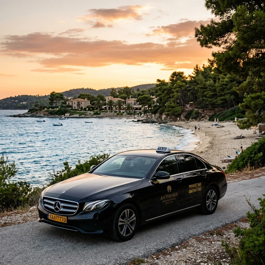 Private taxi Mercedes E-Class parked outside Blue Bay Hotel overlooking Toroneos Gulf in Afitos