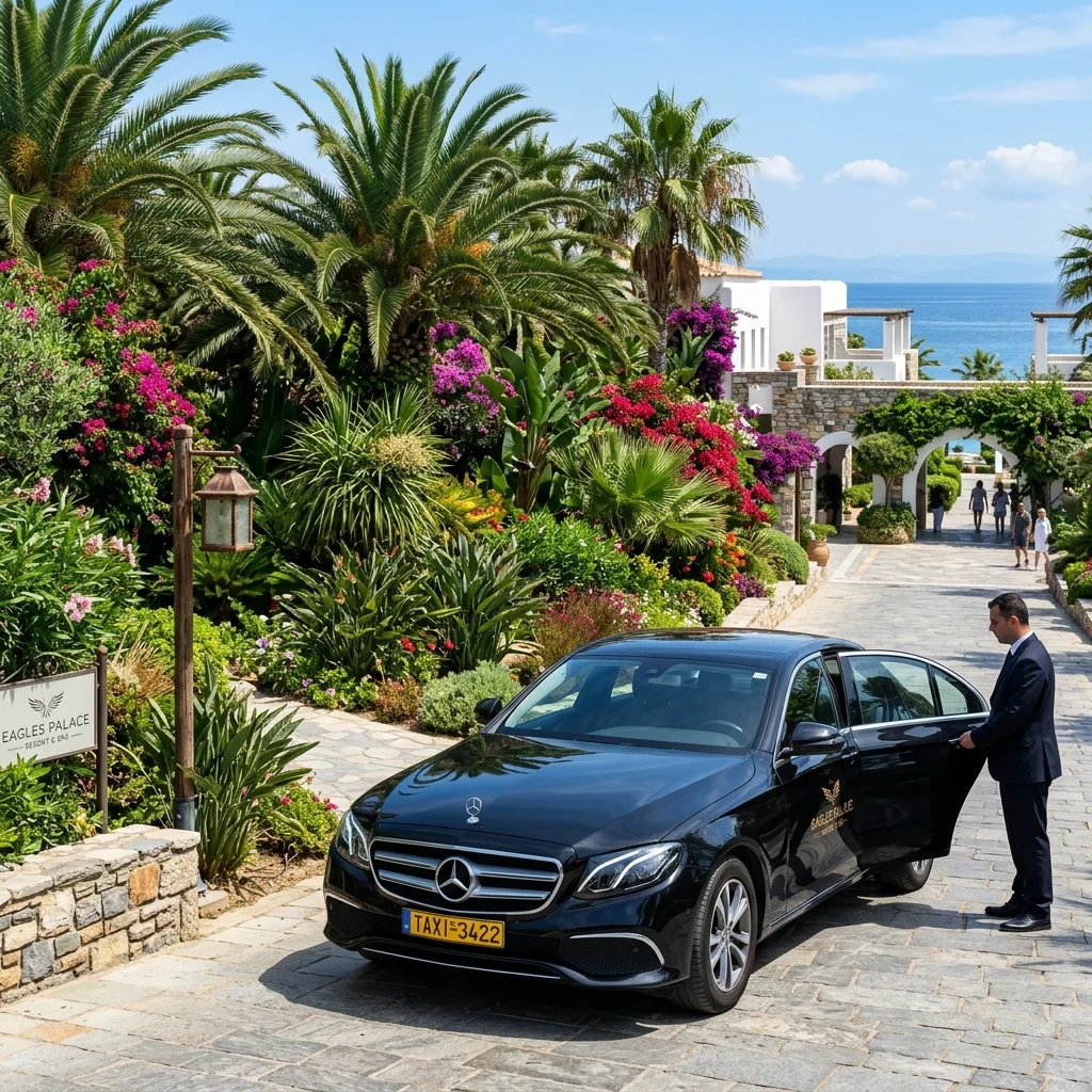 Luxury private taxi Mercedes E-Class in the tropical gardens of Eagles Palace Hotel in Ouranoupoli