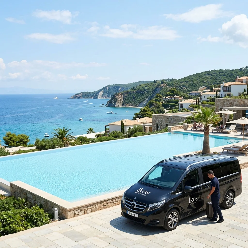 Privater Transfer-Limousine vor dem Strandresort Ikos Oceania in Nea Moudania