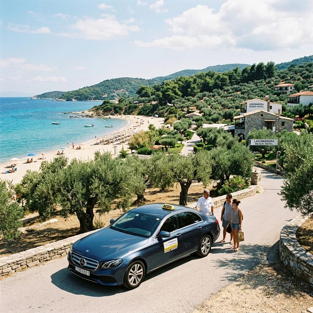 Privater Transfer Mercedes E-Klasse Taxi beim Olivenhain des Lagomandra Beach Hotels auf Sithonia