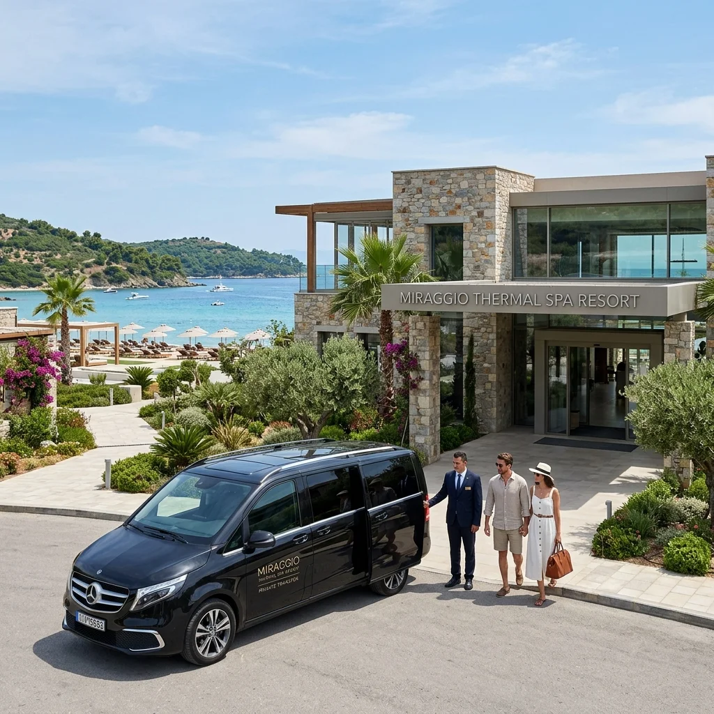 Privater Transfer Mercedes E-Klasse Taxi vor dem luxuriösen Miraggio Thermal Spa Resort auf Kassandra