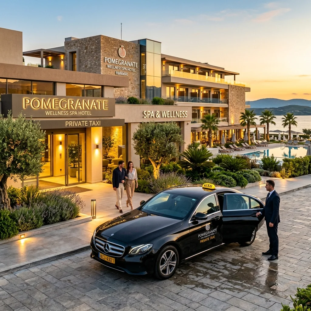 Mercedes E-Klasse privates Taxi vor dem modernen Wellnessgebäude des Pomegranate Wellness Spa Hotels auf Chalkidiki