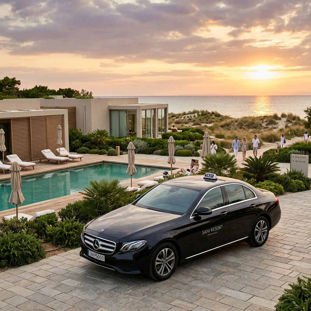Luxuriöse Limousine privates Taxi vor dem modernen Eingang des Sani Dunes Hotels auf Kassandra